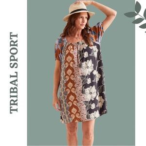 Tribal Dress Bubble Sleeves Flowy Fit Tropic Print Cover-Up Pop Over Crew Neck